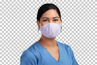 Buy stock photo Healthcare, medical face mask and nurse woman isolated on a transparent, png background. Portrait of a professional female person, surgeon or doctor with ppe safety for hygiene, virus or surgery