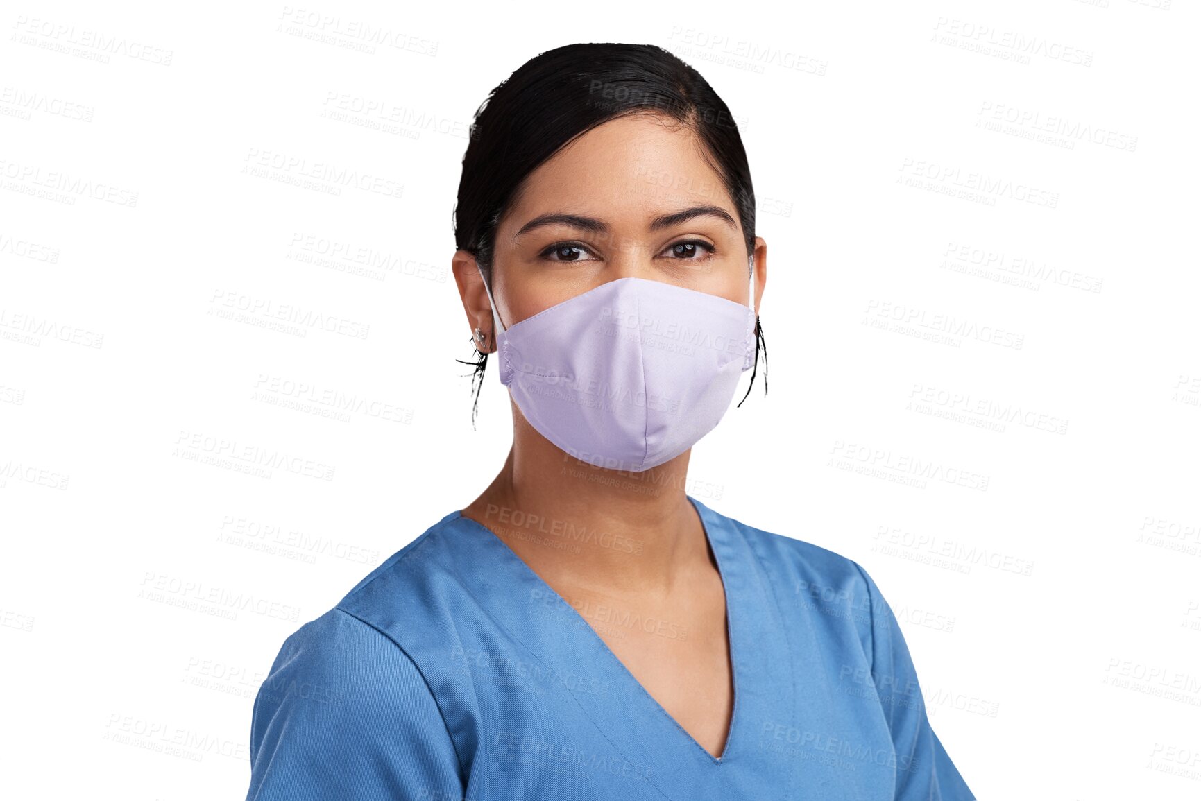 Buy stock photo Healthcare, medical face mask and nurse woman isolated on a transparent, png background. Portrait of a professional female person, surgeon or doctor with ppe safety for hygiene, virus or surgery