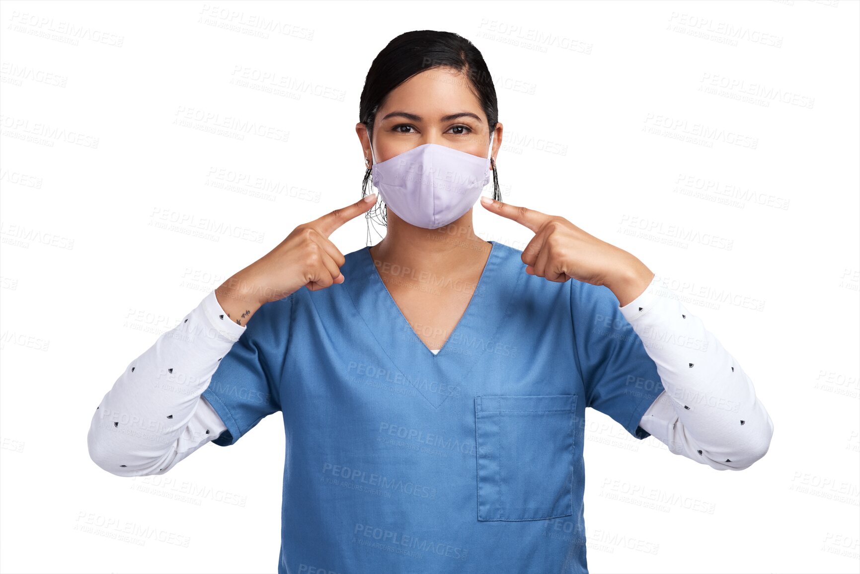 Buy stock photo Healthcare, medical face mask and a woman nurse isolated on a transparent, png background. Professional female person, surgeon or doctor pointing finger at ppe safety for virus, covid or surgery