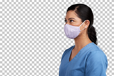 Buy stock photo Face mask, healthcare and a woman nurse thinking isolated on a transparent, png background. Face of professional female person, surgeon or doctor with ppe safety for virus, covid or medical space