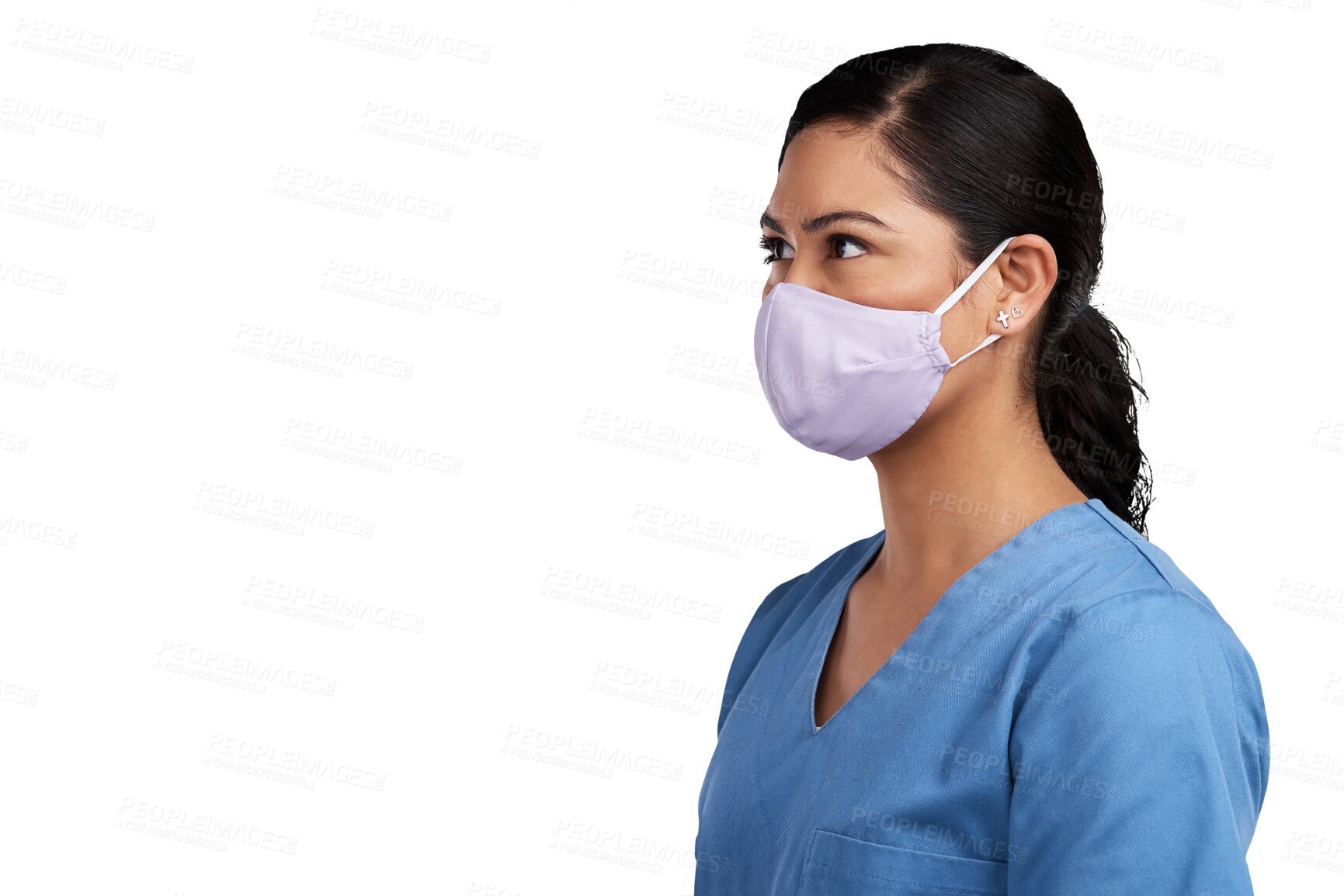 Buy stock photo Face mask, healthcare and a woman nurse thinking isolated on a transparent, png background. Face of professional female person, surgeon or doctor with ppe safety for virus, covid or medical space