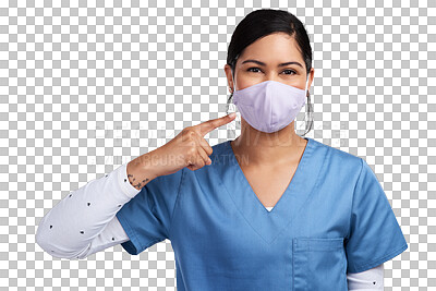 Buy stock photo Healthcare, woman and a nurse pointing finger at face mask isolated on a transparent png background. Professional surgeon or medical doctor person show ppe safety for job, virus protection or surgery