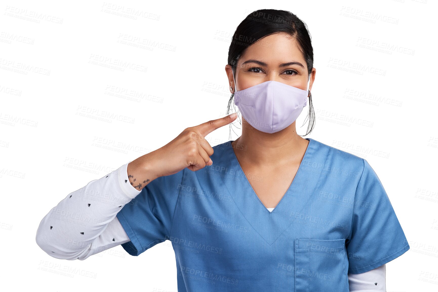 Buy stock photo Healthcare, woman and a nurse pointing finger at face mask isolated on a transparent png background. Professional surgeon or medical doctor person show ppe safety for job, virus protection or surgery