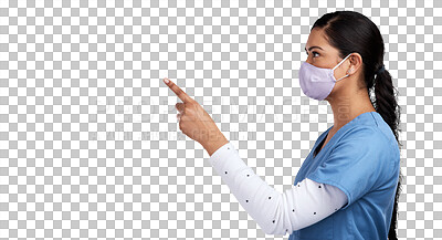 Buy stock photo Face mask, woman doctor or nurse pointing, isolated on transparent png background for health care promo. Advice, female medical expert or nursing professional showing healthcare tips or announcement.