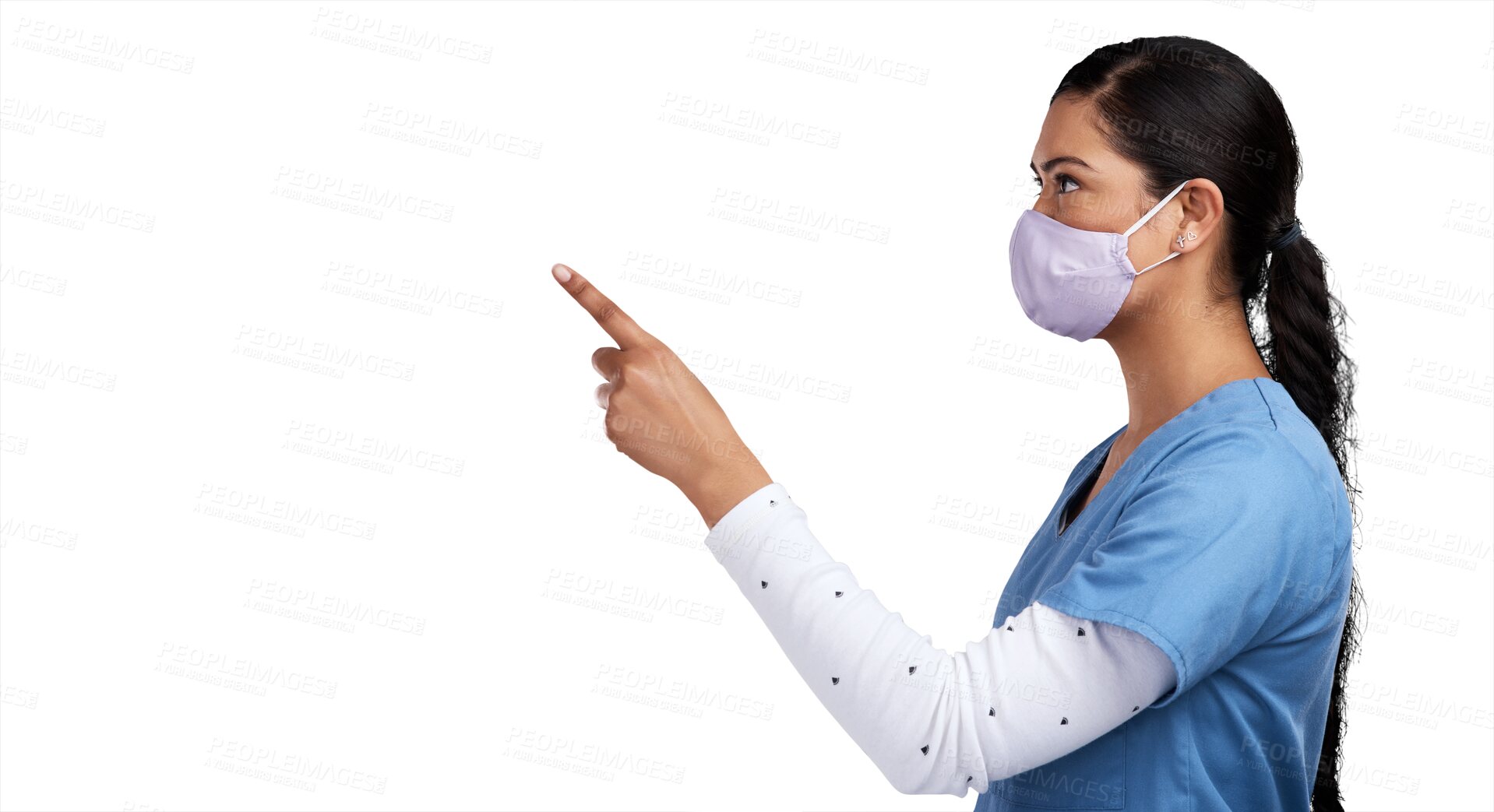 Buy stock photo Face mask, woman doctor or nurse pointing, isolated on transparent png background for health care promo. Advice, female medical expert or nursing professional showing healthcare tips or announcement.