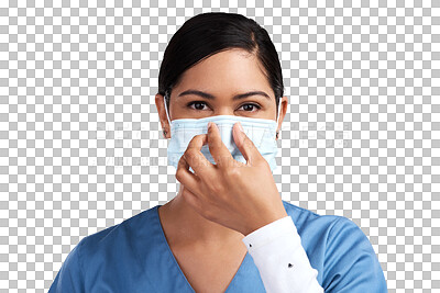 Buy stock photo Healthcare, medical nurse or woman with face mask isolated on transparent png background. Portrait of professional person, worker or doctor with ppe safety compliance for virus protection in surgery