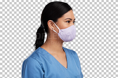 Buy stock photo Healthcare, face mask and profile of nurse woman isolated on transparent, png background. Professional person, surgeon or doctor thinking of ppe safety compliance for covid, virus or medical surgery