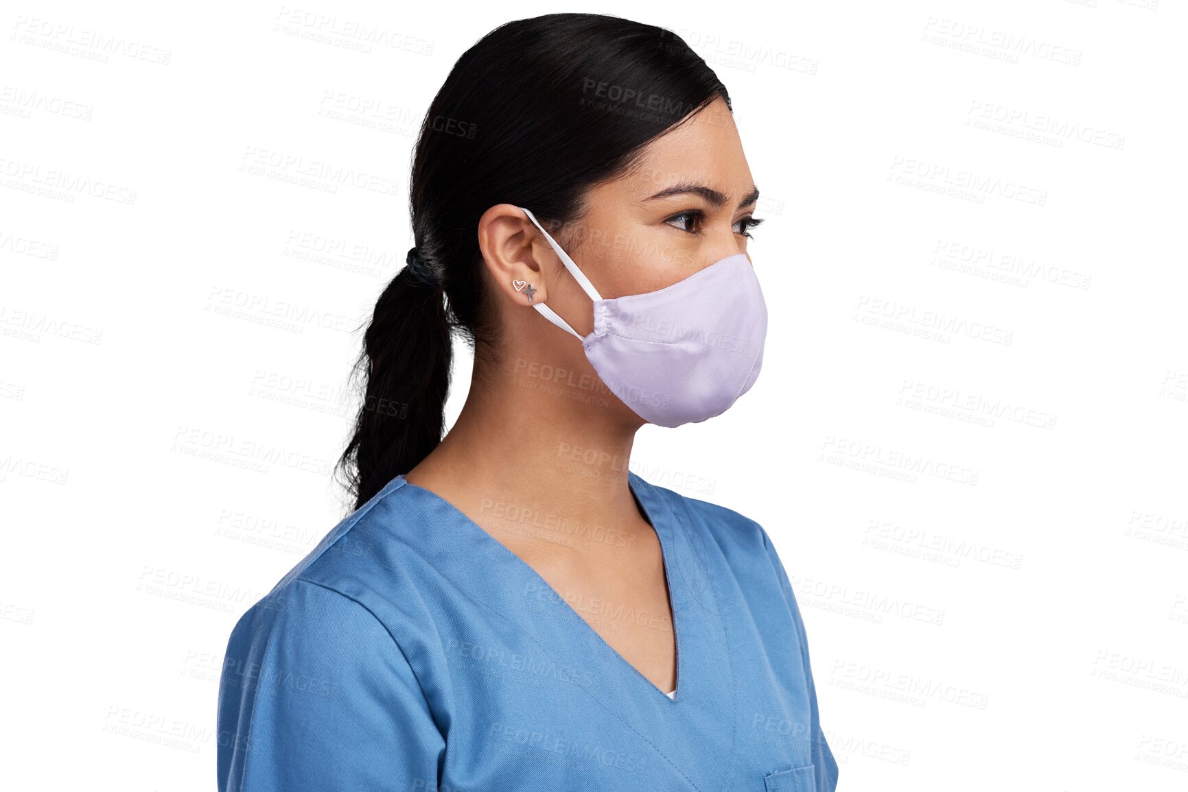 Buy stock photo Healthcare, face mask and profile of nurse woman isolated on transparent, png background. Professional person, surgeon or doctor thinking of ppe safety compliance for covid, virus or medical surgery
