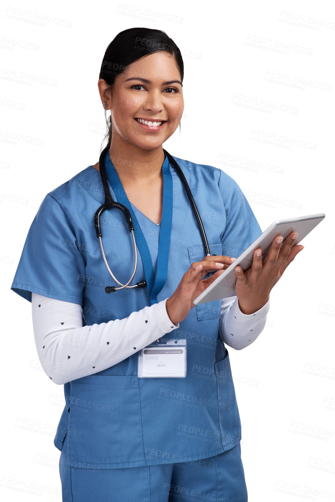 Buy stock photo Tablet, portrait and doctor, woman or nurse isolated on transparent png background for telehealth or paperless management. Service worker, happy face and medical female person typing on digital tech