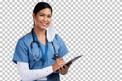 Buy stock photo Clipboard, portrait and doctor, nurse or woman isolated on transparent png background for surgery schedule or health service. Documents, checklist and face of medical worker, surgeon or latino person