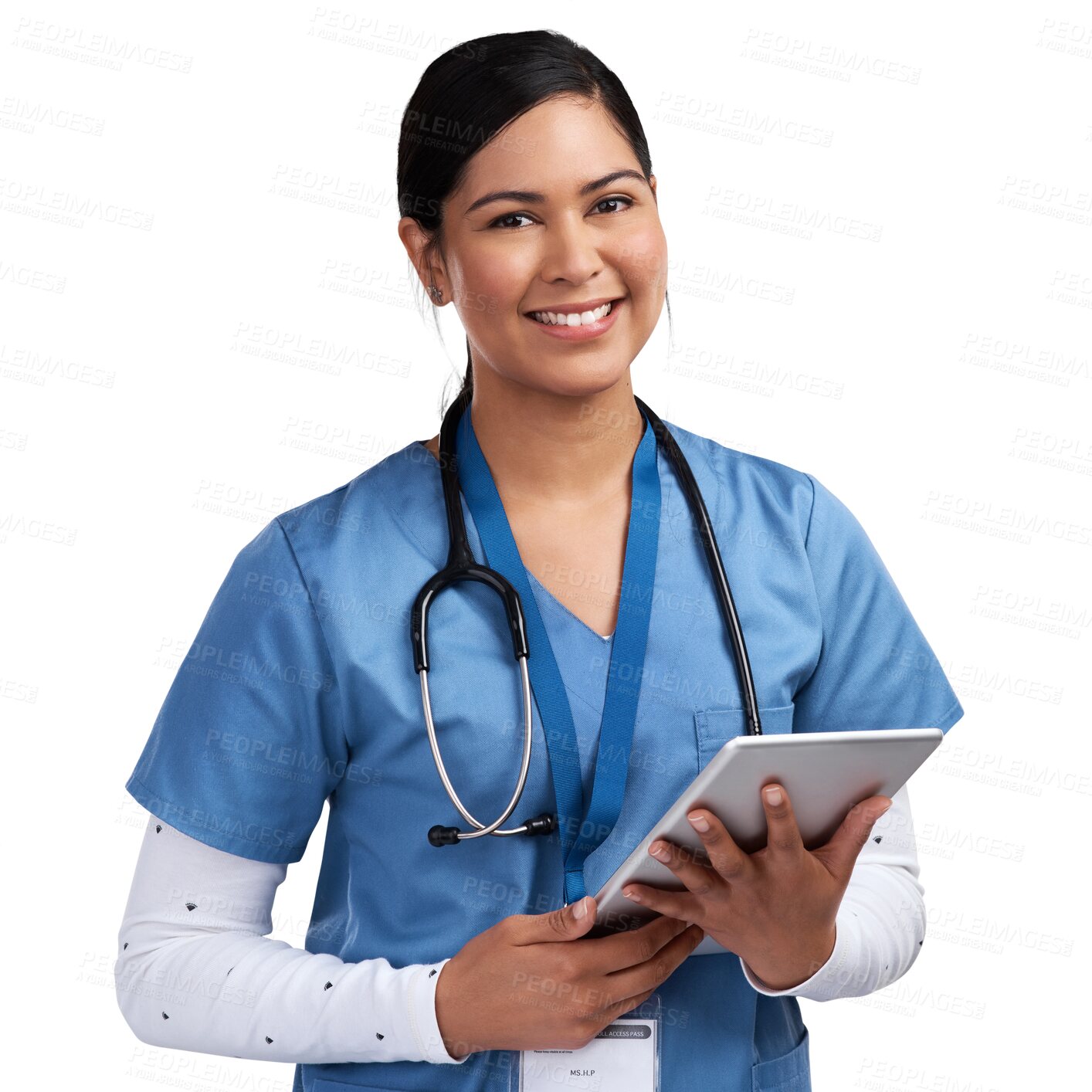 Buy stock photo Healthcare, portrait of a doctor woman with tablet and isolated against a transparent png background. Medical research, data review or information and happy or excited young female nurse or surgeon 