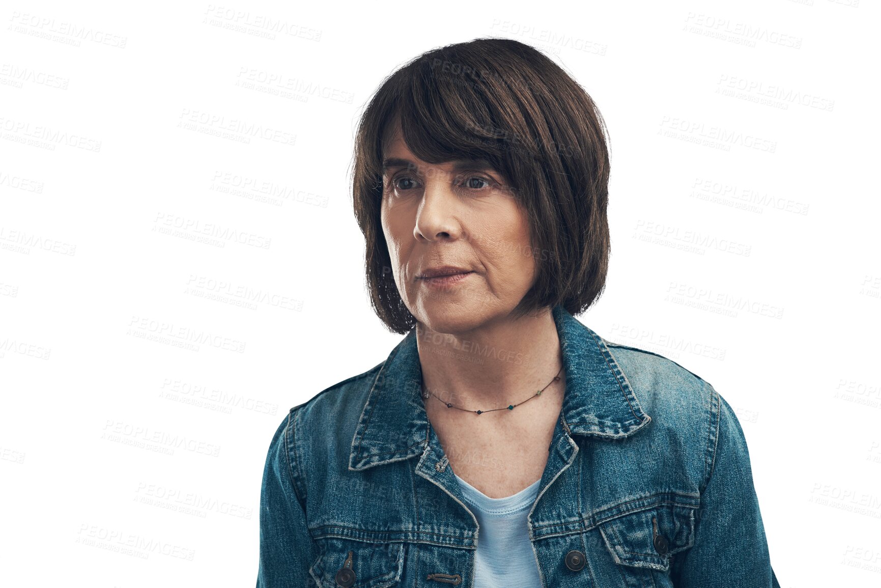 Buy stock photo Serious, thinking and a senior woman with memory loss or mental health. Doubt, focus and an elderly person with idea or plan about retirement isolated on a transparent png background