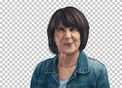 Buy stock photo Frown, funny face and a senior woman with an expression, crazy joke and portrait. Frowning, smile and headshot of a silly elderly person for comedy isolated on a transparent png background