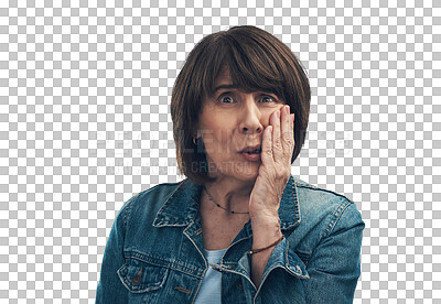 Buy stock photo Senior woman is scared, portrait and surprise, confused with drama problem isolated on transparent png background. Fear, shock in the news and crisis with elderly female model, wow face and alert