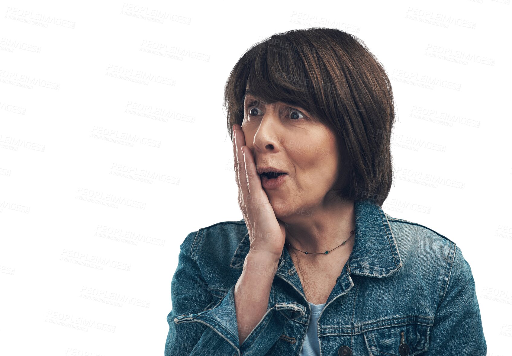 Buy stock photo Surprise, senior woman and shocked or hand on face with news in png or isolated with transparent background. Amazed, mature person and shock with omg with gossip or announcement and wow emoji.