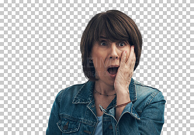 Buy stock photo Panic, amazed and hand with mature woman in png with transparent and isolated background. Surprise face, omg and mouth with senior person in wow expression with hearing news or wtf and panic.