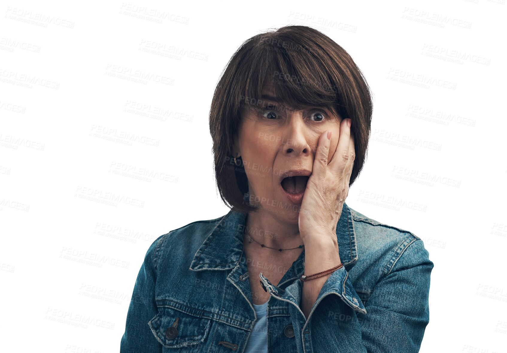 Buy stock photo Panic, amazed and hand with mature woman in png with transparent and isolated background. Surprise face, omg and mouth with senior person in wow expression with hearing news or wtf and panic.