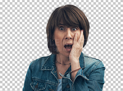 Buy stock photo Wow, portrait and senior woman with surprise in isolated with png and transparent or background. News, shock and face with mature person with hearing gossip and secret or omg with announcement.