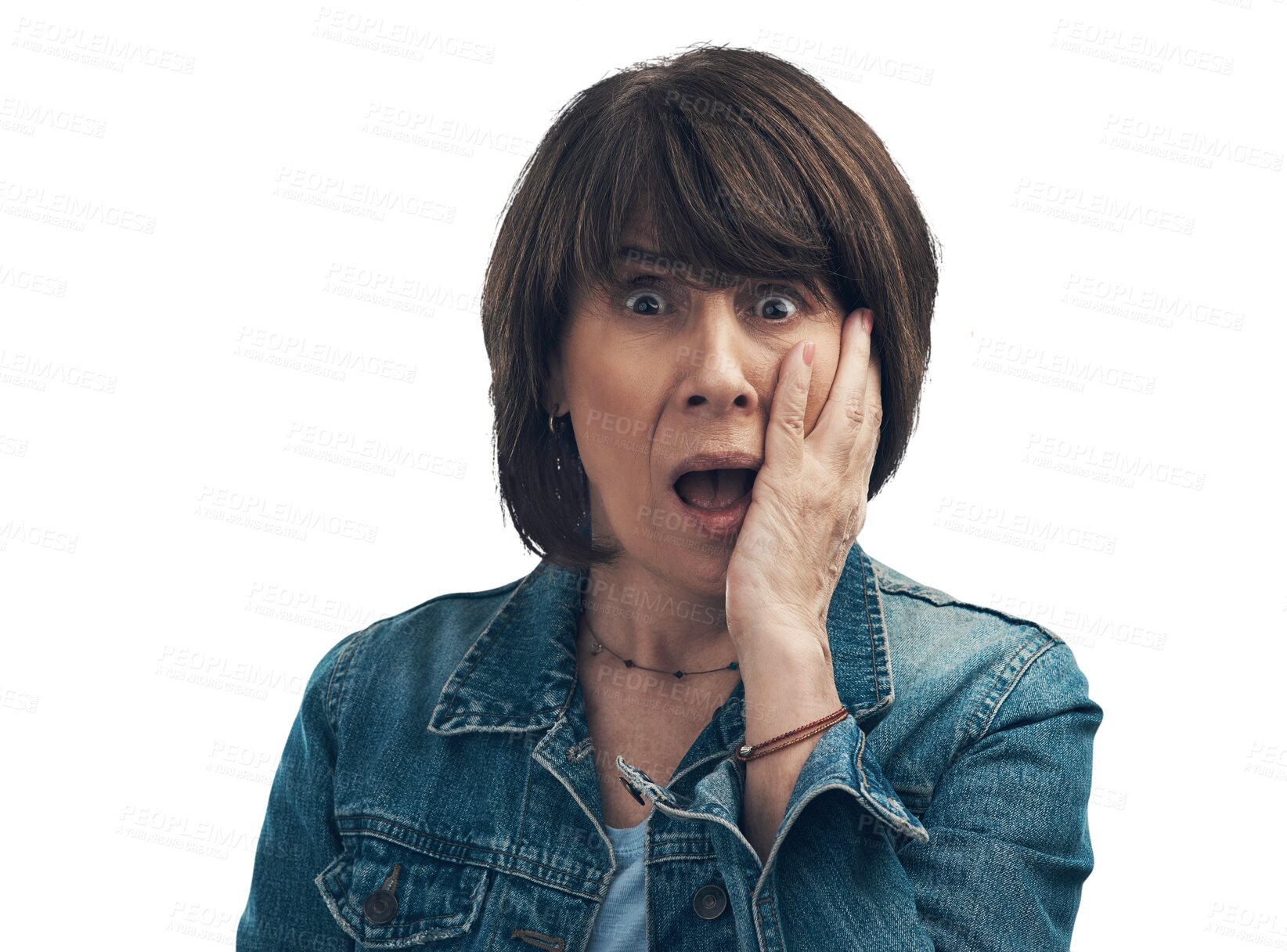 Buy stock photo Wow, portrait and senior woman with surprise in isolated with png and transparent or background. News, shock and face with mature person with hearing gossip and secret or omg with announcement.