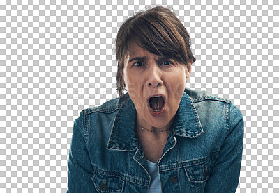 Buy stock photo Wow, surprise and portrait of senior woman for bad news, announcement and expression. Shocked, frustrated and angry ace reaction of an elderly person for anger isolated on transparent png background