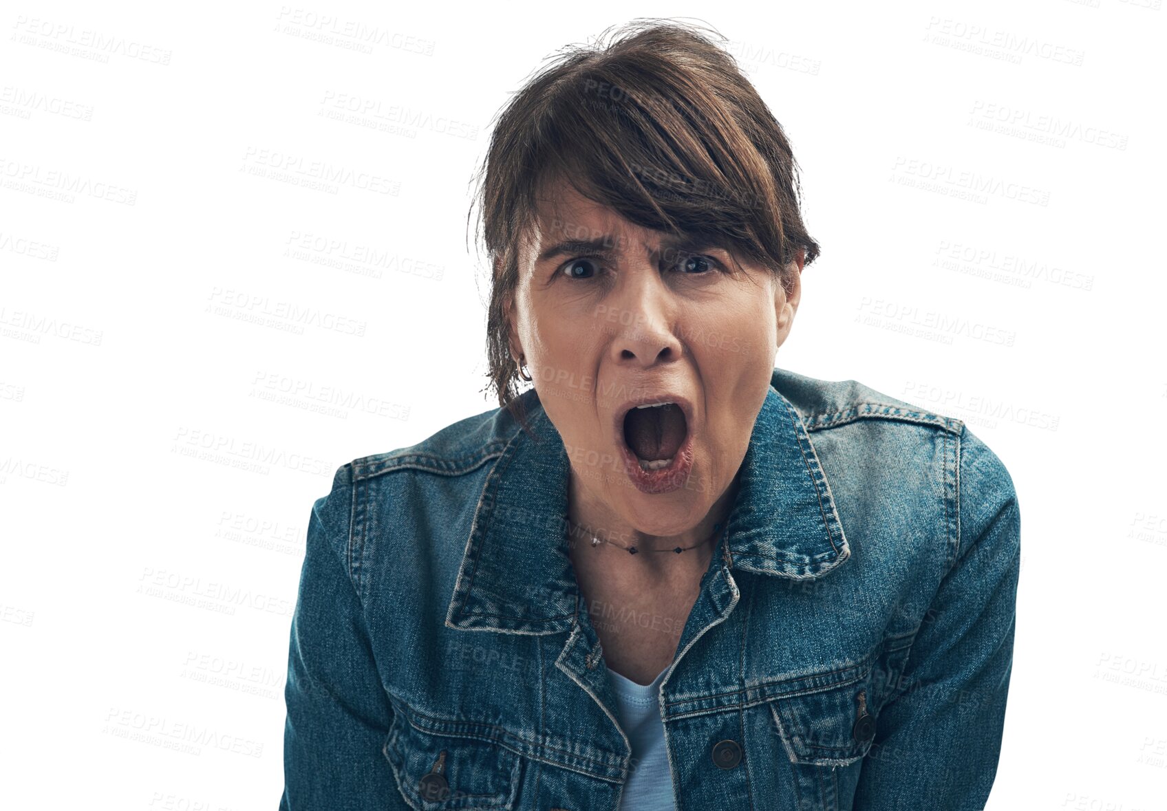 Buy stock photo Wow, surprise and portrait of senior woman for bad news, announcement and expression. Shocked, frustrated and angry ace reaction of an elderly person for anger isolated on transparent png background