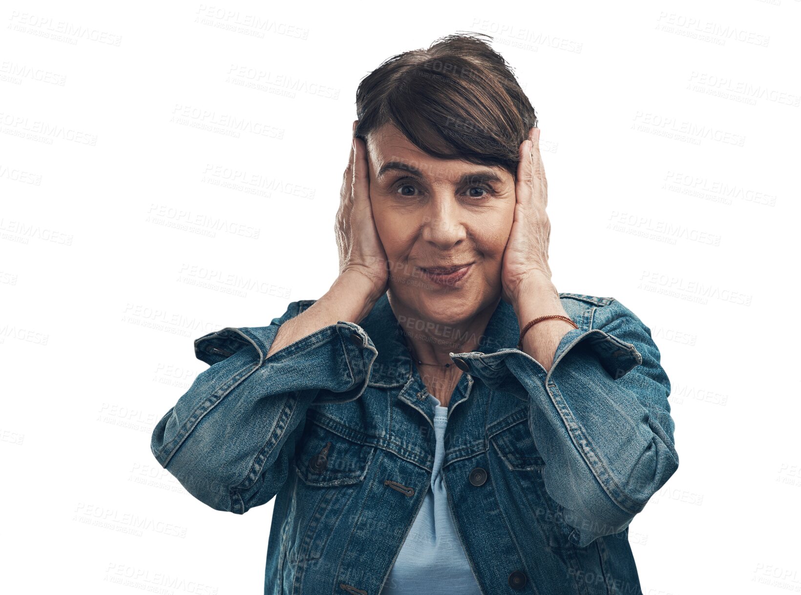 Buy stock photo Portrait, woman and cover ears with hands for noise, sound or loud audio on isolated, transparent or PNG background. Hearing, listen to silence and person happy with quiet or frustrated with music