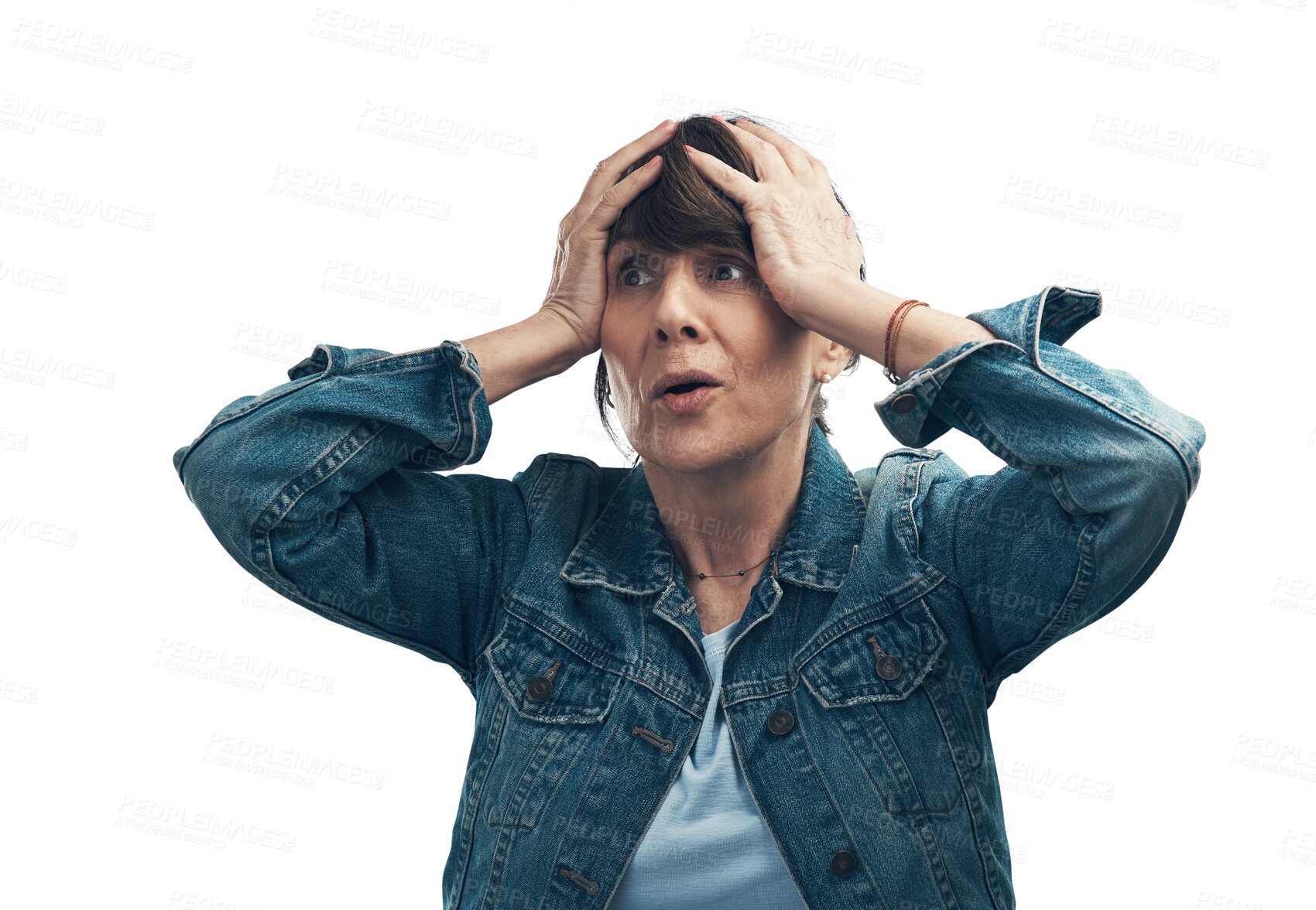Buy stock photo Wow, surprise and a senior woman with a reaction for bad news, announcement or stress. Sad, confused and an elderly person with an expression of shock isolated on a transparent png background