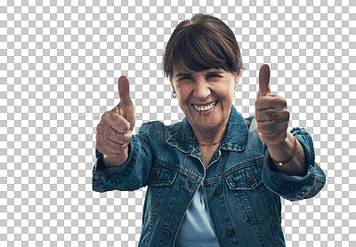 Buy stock photo Thank you, portrait of a woman with thumbs up and isolated against a transparent png background. Like sign or success, happy and female person with hand emoji for congratulations with a smile