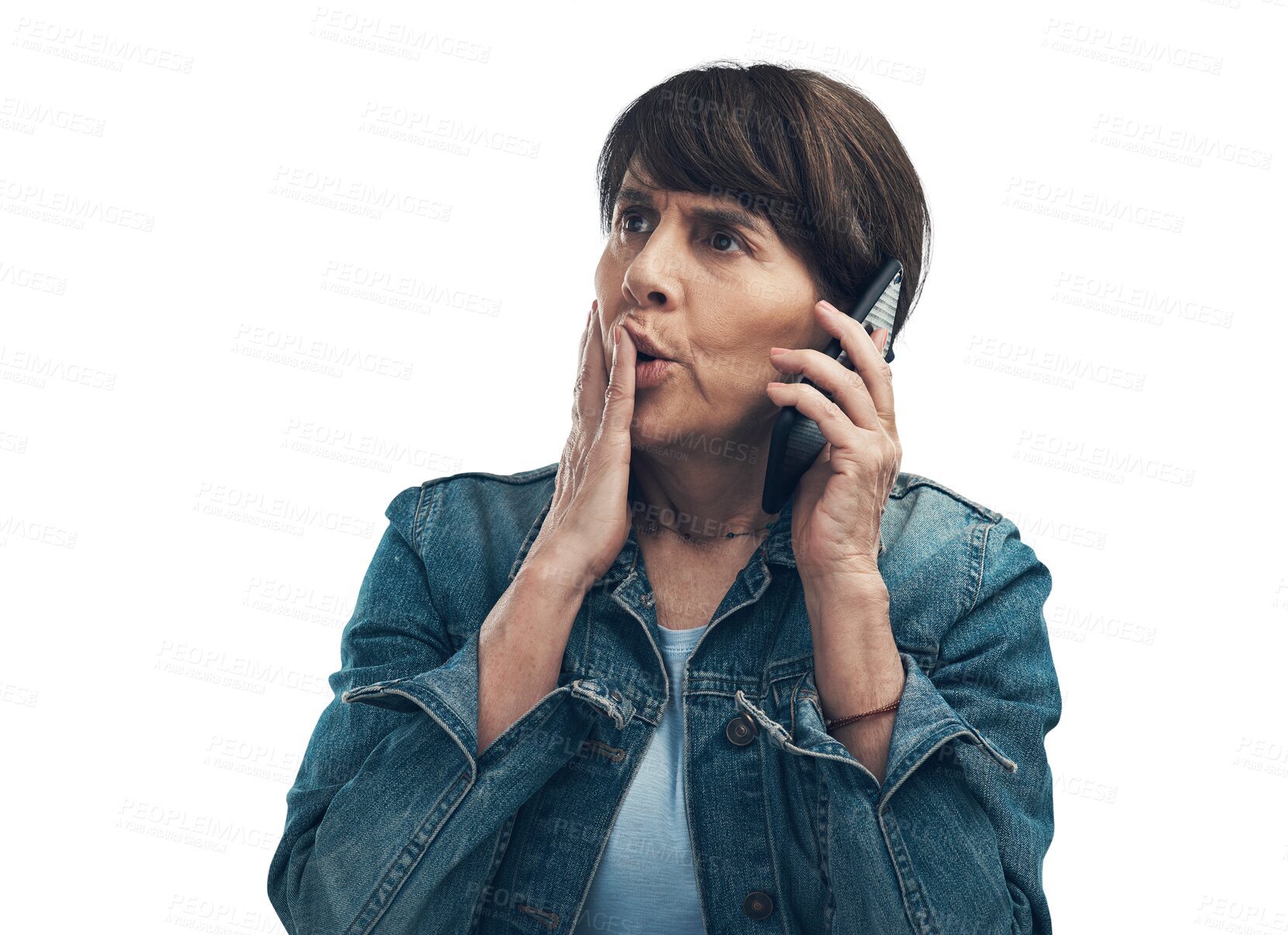Buy stock photo Phone call, confused and senior woman shocked, news and lady isolated on a transparent background. Mature female person, mobile app and gossip with a cellphone, crazy surprise and png with connection