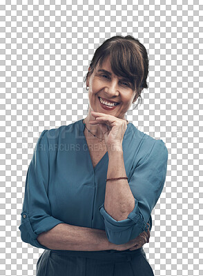 Buy stock photo Senior, portrait and happy woman isolated on a transparent png background. Face, fashion smile and female person from Canada with positive mindset, confident and casual, stylish and trendy clothes.
