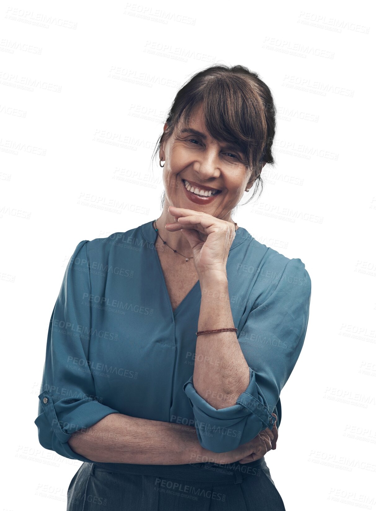Buy stock photo Senior, portrait and happy woman isolated on a transparent png background. Face, fashion smile and female person from Canada with positive mindset, confident and casual, stylish and trendy clothes.