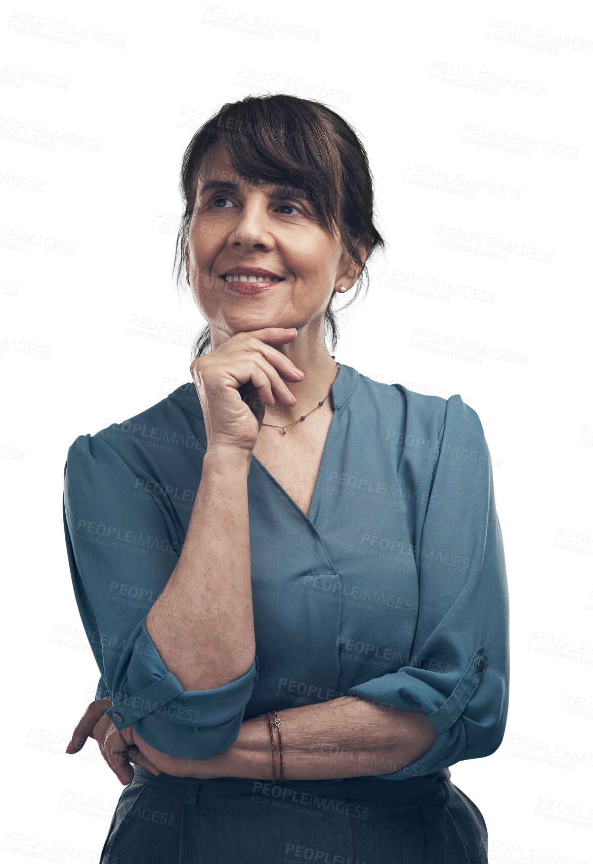 Buy stock photo Smile, thinking and senior woman with a decision, opportunity and ideas isolated against a transparent background. Mature female person, lady and ceo with png, vision and future with creativity