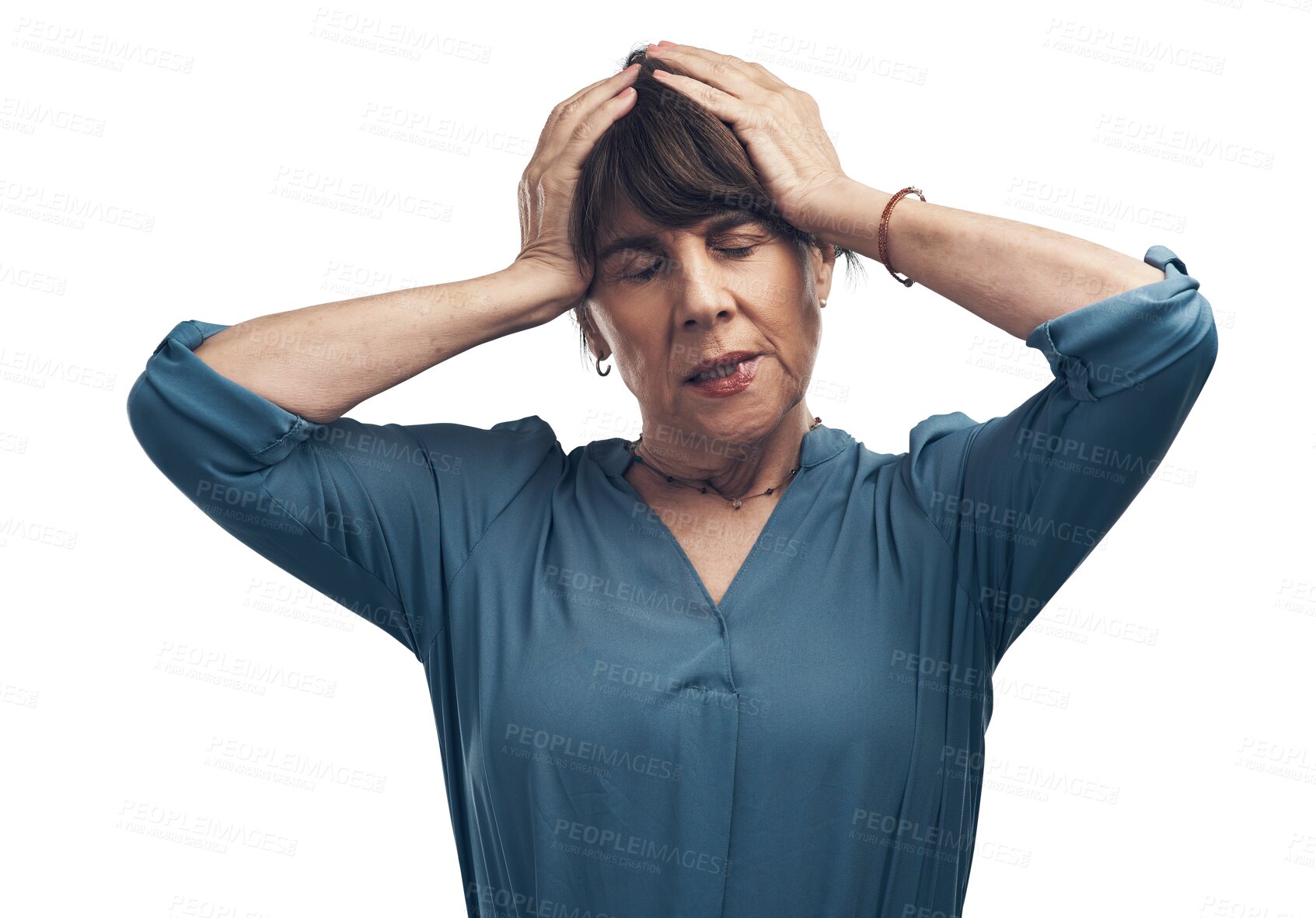 Buy stock photo Stress, headache and woman with hands on head in pain, sore migraine or fatigue on isolated, transparent or PNG background. Businesswoman, tired and working in burnout or exhausted mental health