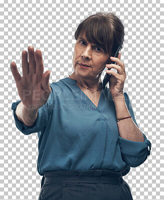 Buy stock photo Isolated senior woman, phone call and stop with hand, sign or listen by transparent png background. Mature business owner portrait, smartphone and show icon for no sound, noise or talk for networking