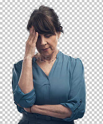 Buy stock photo Healthcare, headache and mature woman with stress for failure, crisis or career burnout. Medical, worry and female person with a migraine, pain or fatigue isolated by a transparent png background.