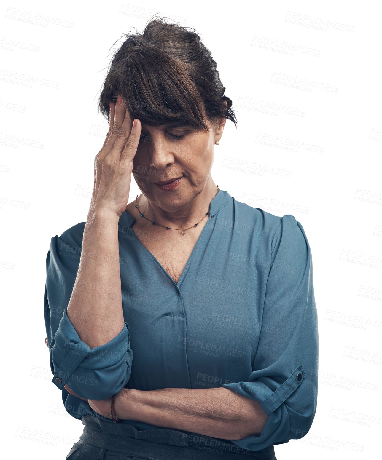 Buy stock photo Healthcare, headache and mature woman with stress for failure, crisis or career burnout. Medical, worry and female person with a migraine, pain or fatigue isolated by a transparent png background.