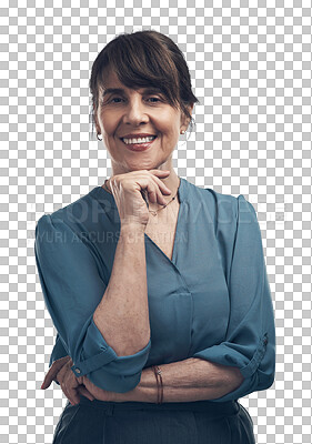 Buy stock photo Mature, portrait and smile of woman isolated on a transparent png background. Face, happy fashion and female person from Canada with positive mindset, confident and casual, stylish and trendy clothes
