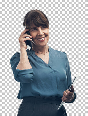Buy stock photo Isolated senior business woman, phone call or smile with focus, listen or transparent png background. Happy female ceo, cellphone of talk for networking, negotiation or thinking with ideas for deal