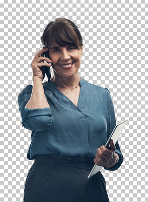 Buy stock photo Phone call, business and senior woman with a tablet, portrait and connection isolated against a transparent background. Female person, face and entrepreneur with smartphone, png and communication