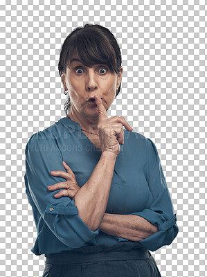 Buy stock photo Secret, portrait and mature woman with a gesture for gossip, rumor and quiet expression. Warning, elderly employee or manager with finger on mouth for silence isolated on a transparent png background