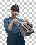 PNG studio shot of a senior woman looking for something in her handbag against a grey background