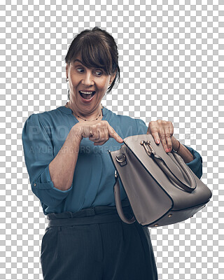 Buy stock photo Search, bag and mature woman with surprise for check and looking for a product for happiness. Business, smile and an elderly person searching a handbag isolated on a transparent png background