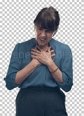 Buy stock photo Heart attack, chest or senior woman with pain, health issue or emergency isolated on a transparent background. Mature female person, illness or disease with png, medical problem or stroke with stress