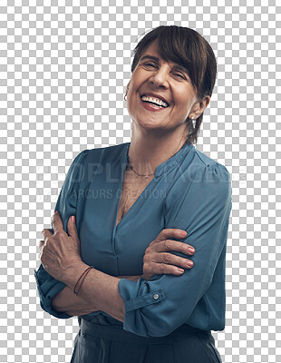 Buy stock photo Woman, laughing portrait and manager with arms crossed isolated on a transparent png background. Face, business smile and mature professional, funny entrepreneur or ceo from Canada with confidence