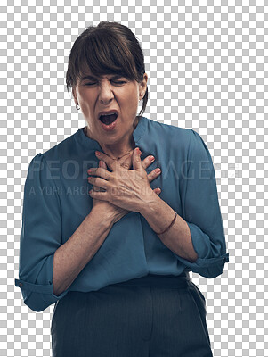 Buy stock photo Business, chest and senior woman with pain, medical issue and lady isolated against a transparent background. Mature female person, employee and agent with heart support, png and healthcare with care