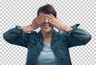 Buy stock photo Covering eyes, surprise and a mature woman isolated on a transparent png background. Smile, hiding and an elderly person with hands on the face for a surprising announcement, secret or a game