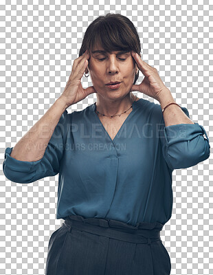 Buy stock photo Headache, stress and woman with hands on head in pain, sore migraine or fatigue on isolated, transparent or PNG background. Businesswoman, tired and working in burnout or exhausted mental health
