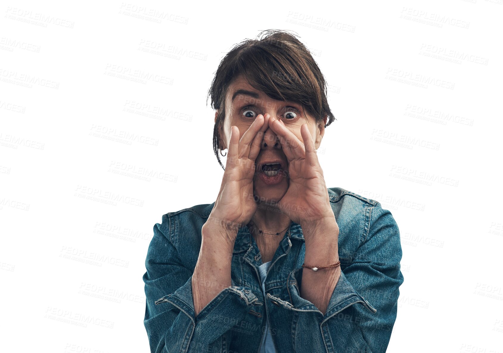 Buy stock photo Shouting, communication and the portrait of a woman with an announcement, voice and surprise news. Amazed, loud and a mature person screaming a secret isolated on a transparent png background