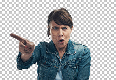 Buy stock photo Woman, pointing finger and angry portrait for discipline, blame and problem isolated on transparent png background. Speaking, frustrated and anger with face of mature person showing error or mistake