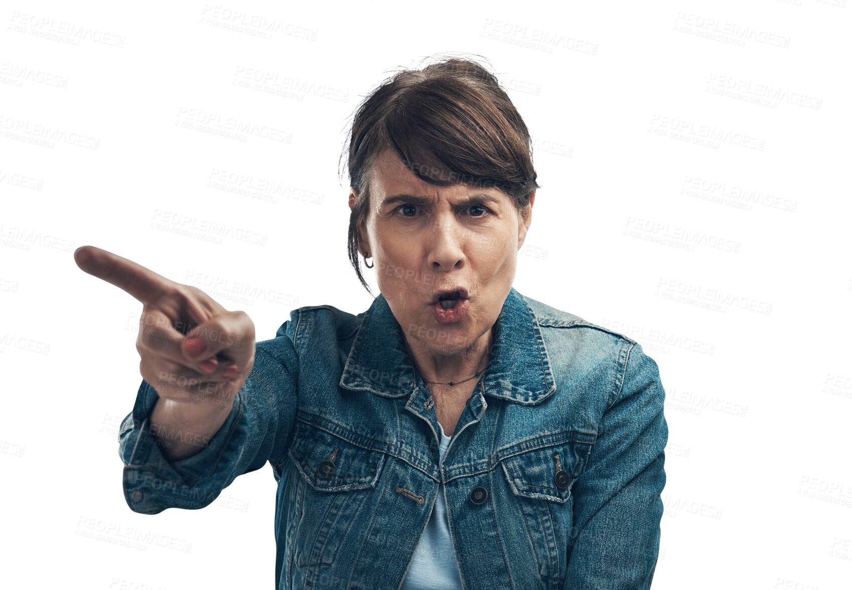 Buy stock photo Woman, pointing finger and angry portrait for discipline, blame and problem isolated on transparent png background. Speaking, frustrated and anger with face of mature person showing error or mistake